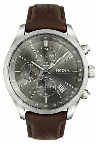 Hugo Boss Grand Prix Grey Dial Brown Leather Strap Watch for Men -  1513476