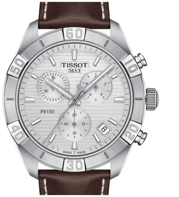 Tissot PR 100 Sport Quartz Chronograph Silver Dial Brown Leather Strap Watch For Men - T101.617.16.031.00