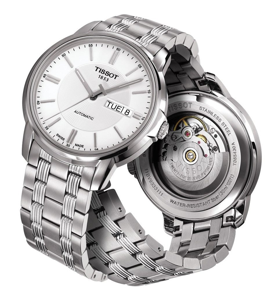 Tissot Automatics III Day Date White Dial Silver Steel Strap Watch For Men - T065.430.11.031.00