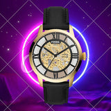 Fossil Townsman Automatic Skeleton Black Dial Black Leather Strap Watch for Men - ME3210