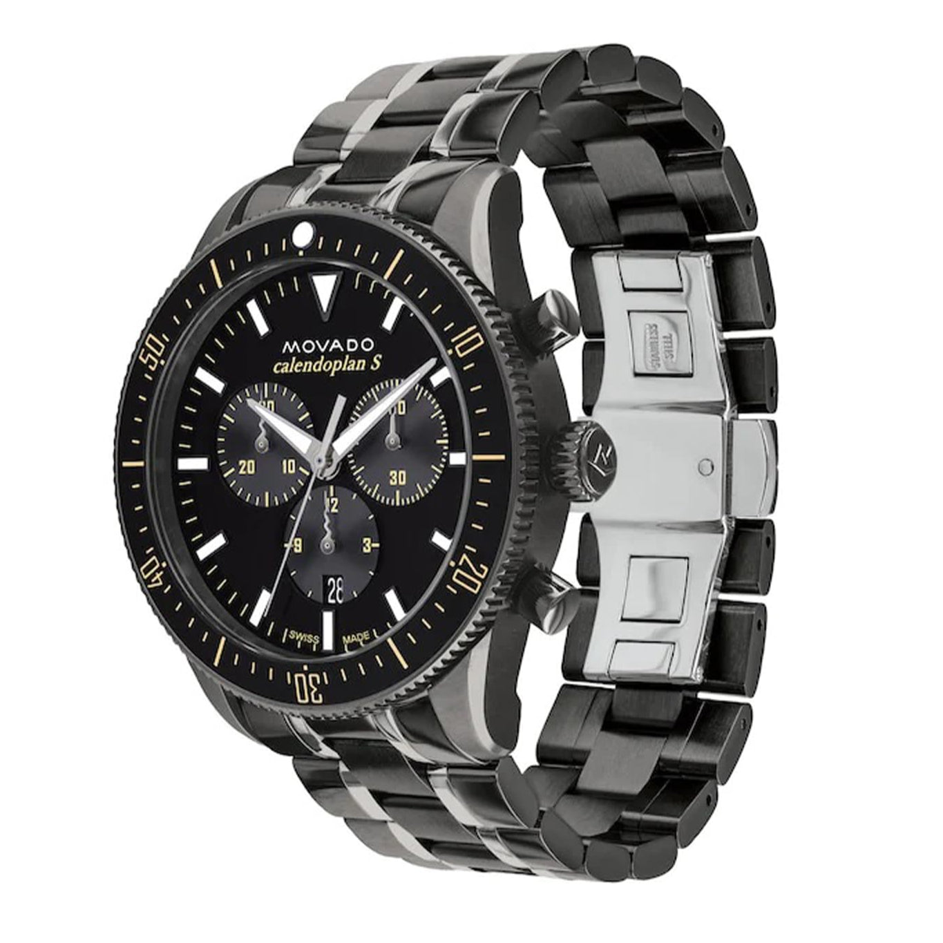 Movado Heritage Calendoplan Chronograph Black Dial Black Steel Strap Watch For Men - 3650125