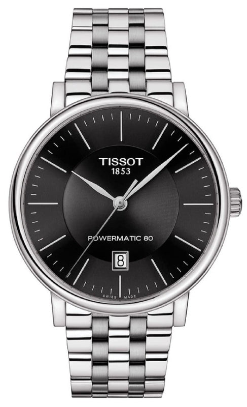 Tissot T Classic Carson Premium Powermatic 80 Black Dial Silver Steel Strap Watch For Men - T122.407.11.051.00