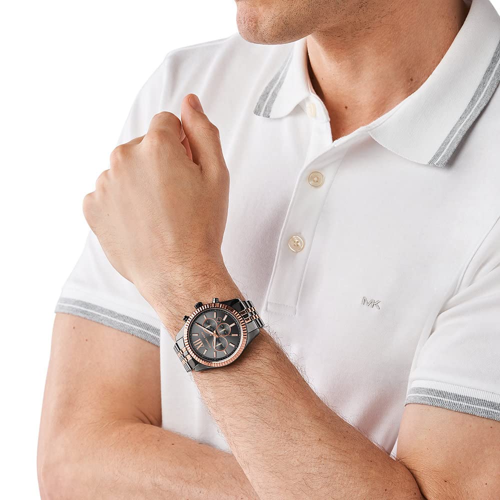 Michael Kors Lexington Chronograph Black Dial Two Tone Steel Strap Watch for Men - MK8561