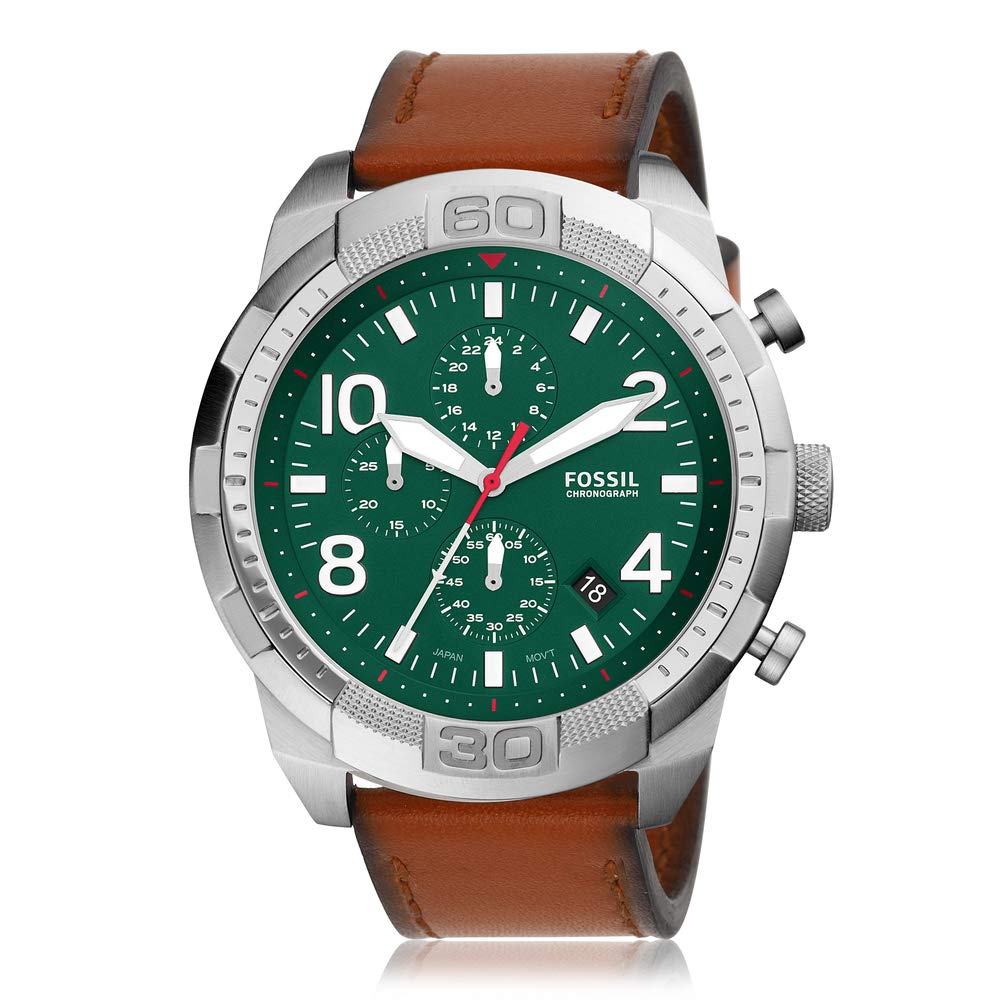 Fossil Bronson Chronograph Green Dial Brown Leather Strap Watch for Men - FS5738