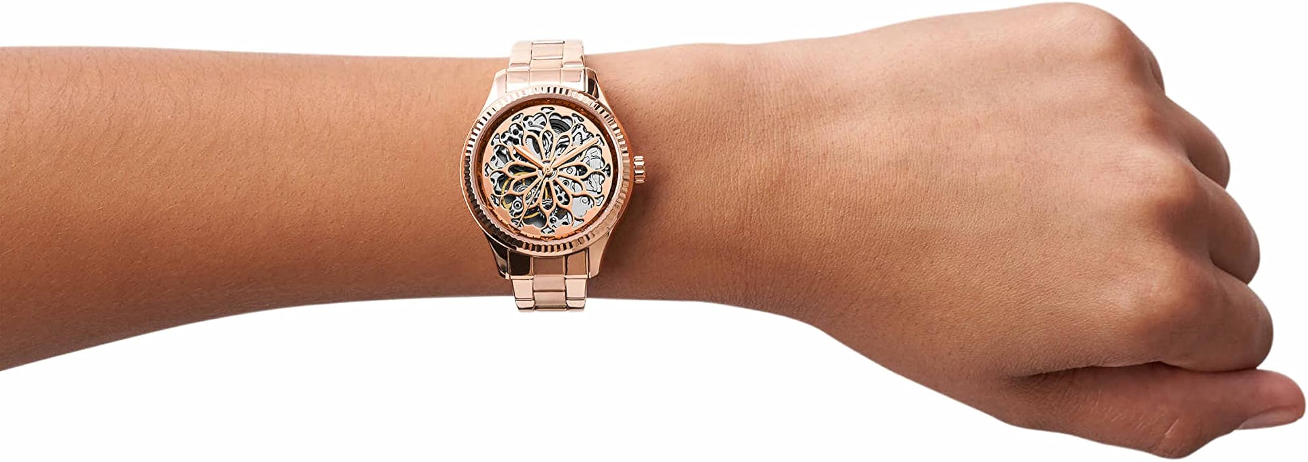 Fossil Rye Automatic Skeleton Rose Gold Dial Rose Gold Steel Strap Watch for Women - BQ3754