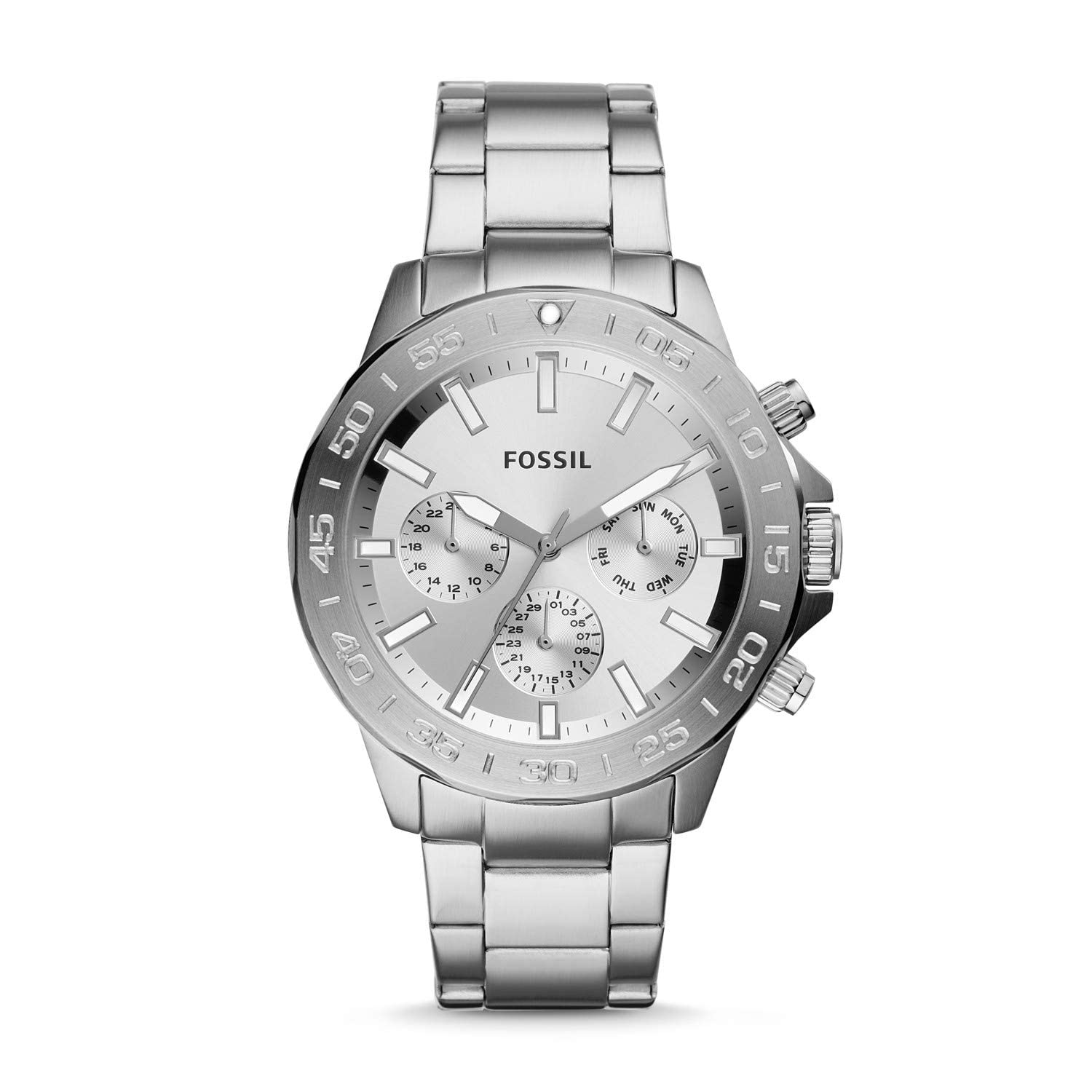 Fossil Bannon Multifunction Chronograph Silver Dial Silver Steel Strap Watch for Men - BQ2490