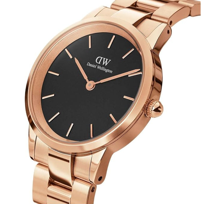 Daniel Wellington Iconic Link Black Dial Rose Gold Steel Strap Watch for Women - DW00100212