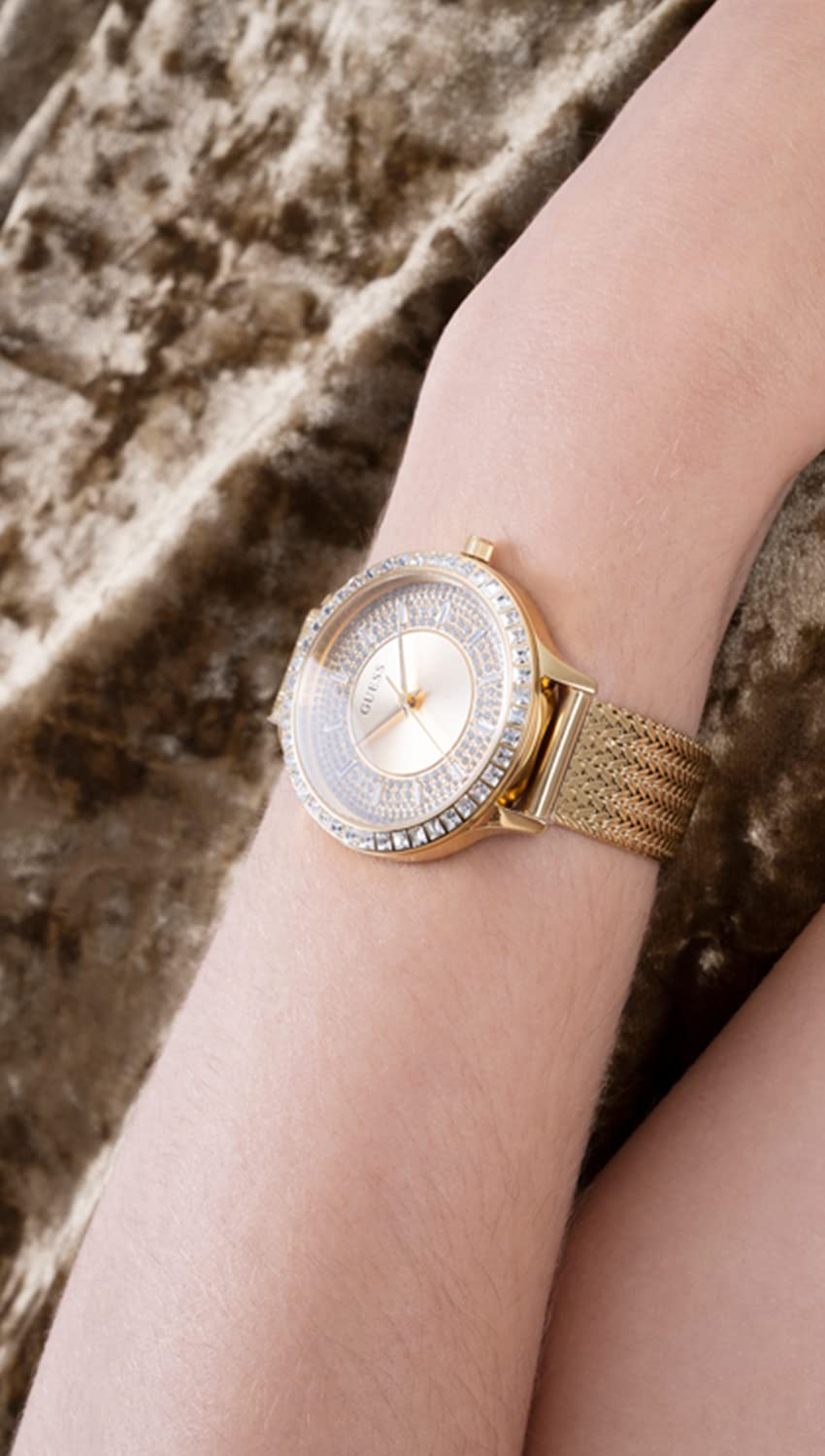 Guess Soiree Diamonds Gold Dial Gold Mesh Bracelet Watch for Women - GW0402L2