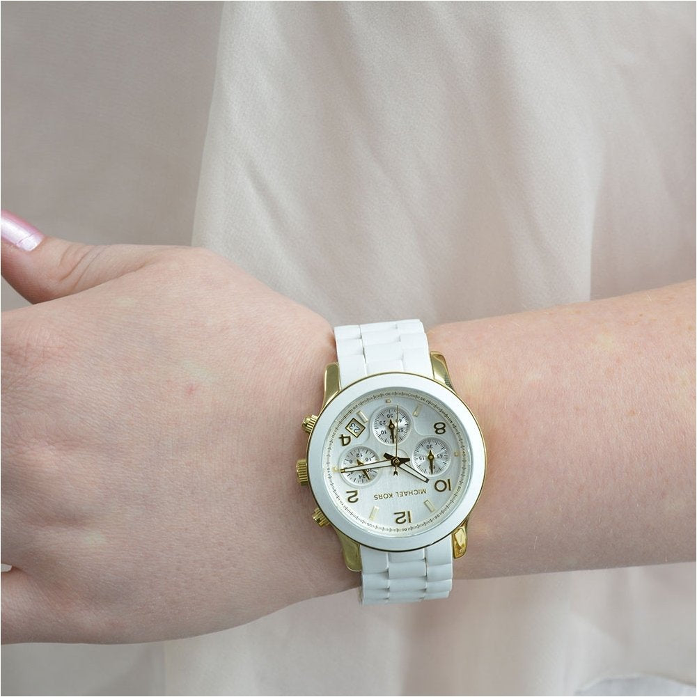 Michael Kors Runway Chronograph White Dial White Steel Strap Watch for Women - MK5145