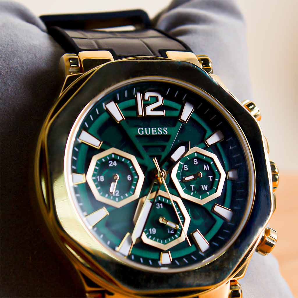 Guess Edge Chronograph Green Dial Black Leather Strap Watch For Men - GW0492G3