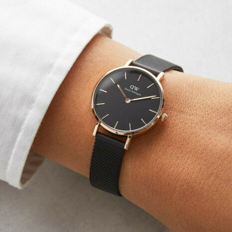 Daniel Wellington Petite Ashfield Black Dial Black Mesh Strap Watch For Women - DW00100245