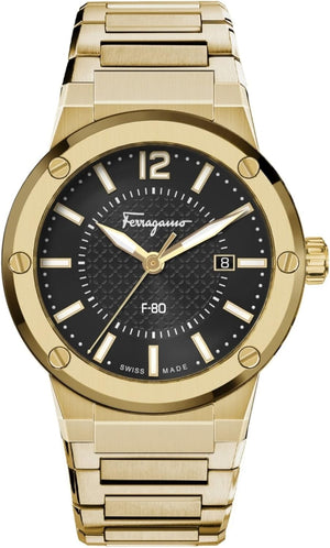 Salvatore Ferragamo F-80 Classic Black Dial Gold Steel Strap Watch for Men - SFHY00821