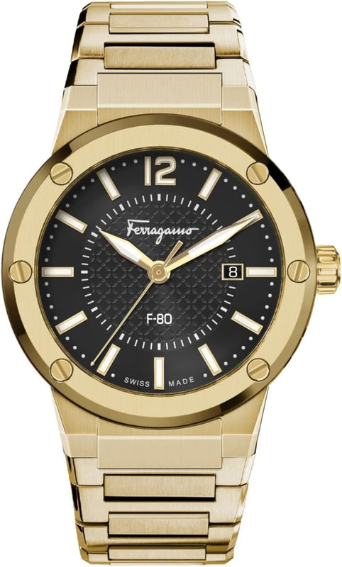 Salvatore Ferragamo F-80 Classic Black Dial Gold Steel Strap Watch for Men - SFHY00821