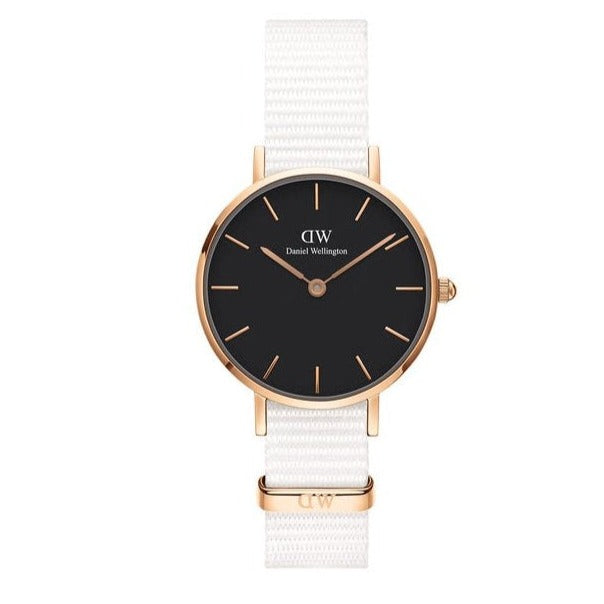 Daniel Wellington Classic Petite Dover Black Dial White NATO Strap Watch For Women - DW00100314