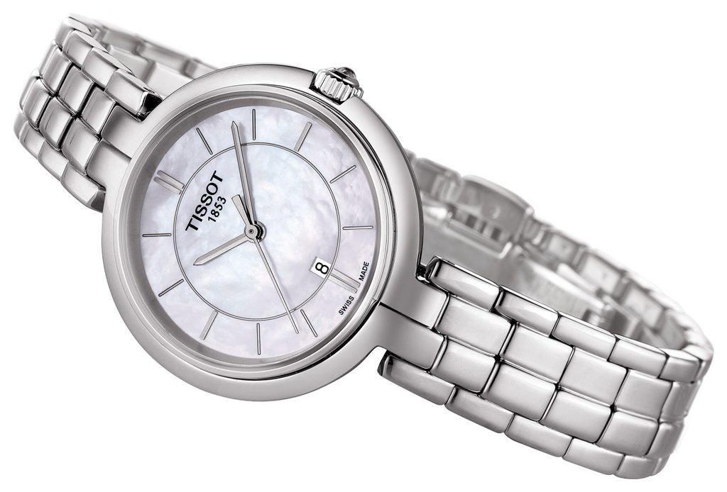 Tissot T Lady Flamingo Mother of Pearl White Dial Silver Steel Strap Watch For Women - T094.210.11.111.00
