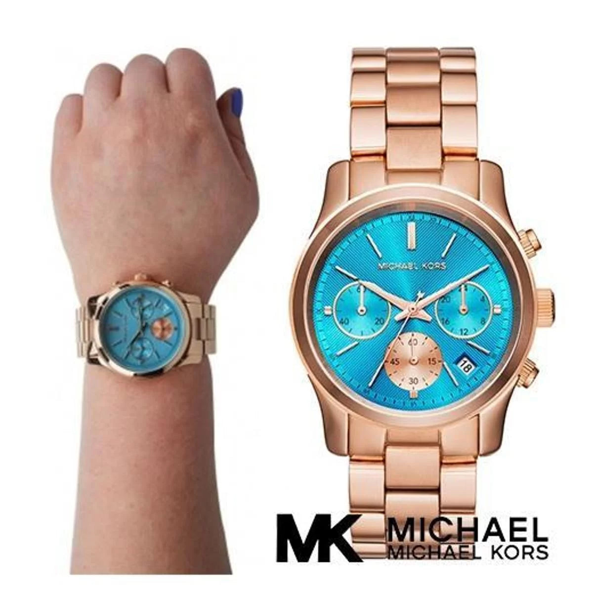 Michael Kors Runway Chronograph Turquoise Dial Rose Gold Steel Strap Watch For Women - MK6164