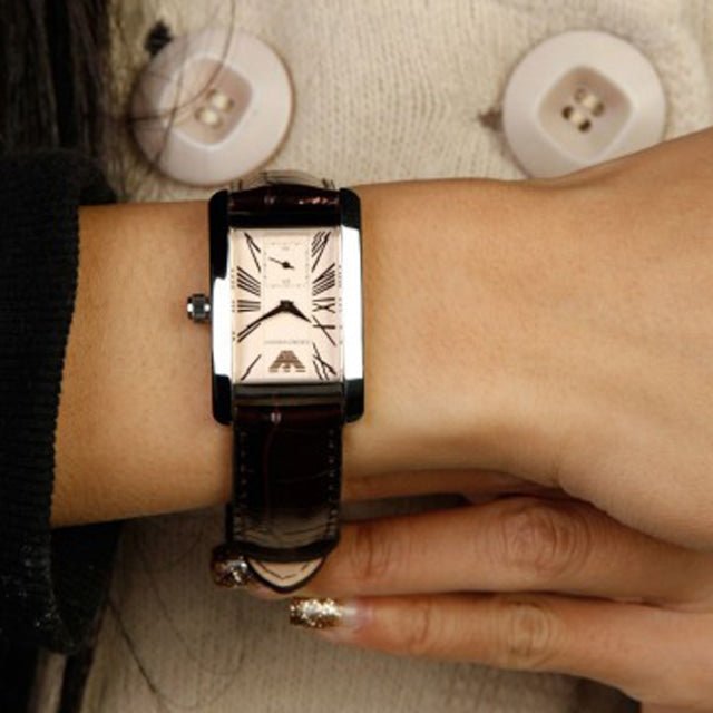 Emporio Armani Classic Beige Dial Brown Leather Strap Watch For Women - AR0155