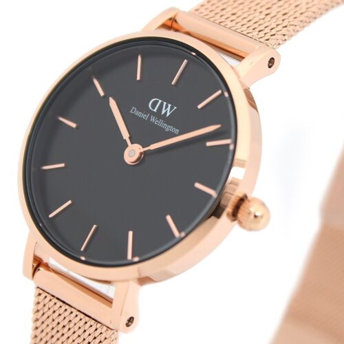 Daniel Wellington Petite Pressed Melrose Black Dial Rose Gold Mesh Strap Watch For Women - DW00100440