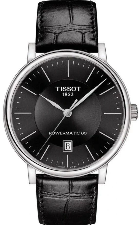 Tissot Carson Premium Powermatic 80 Black Dial Black Leather Strap Watch For Men - T122.407.16.051.00