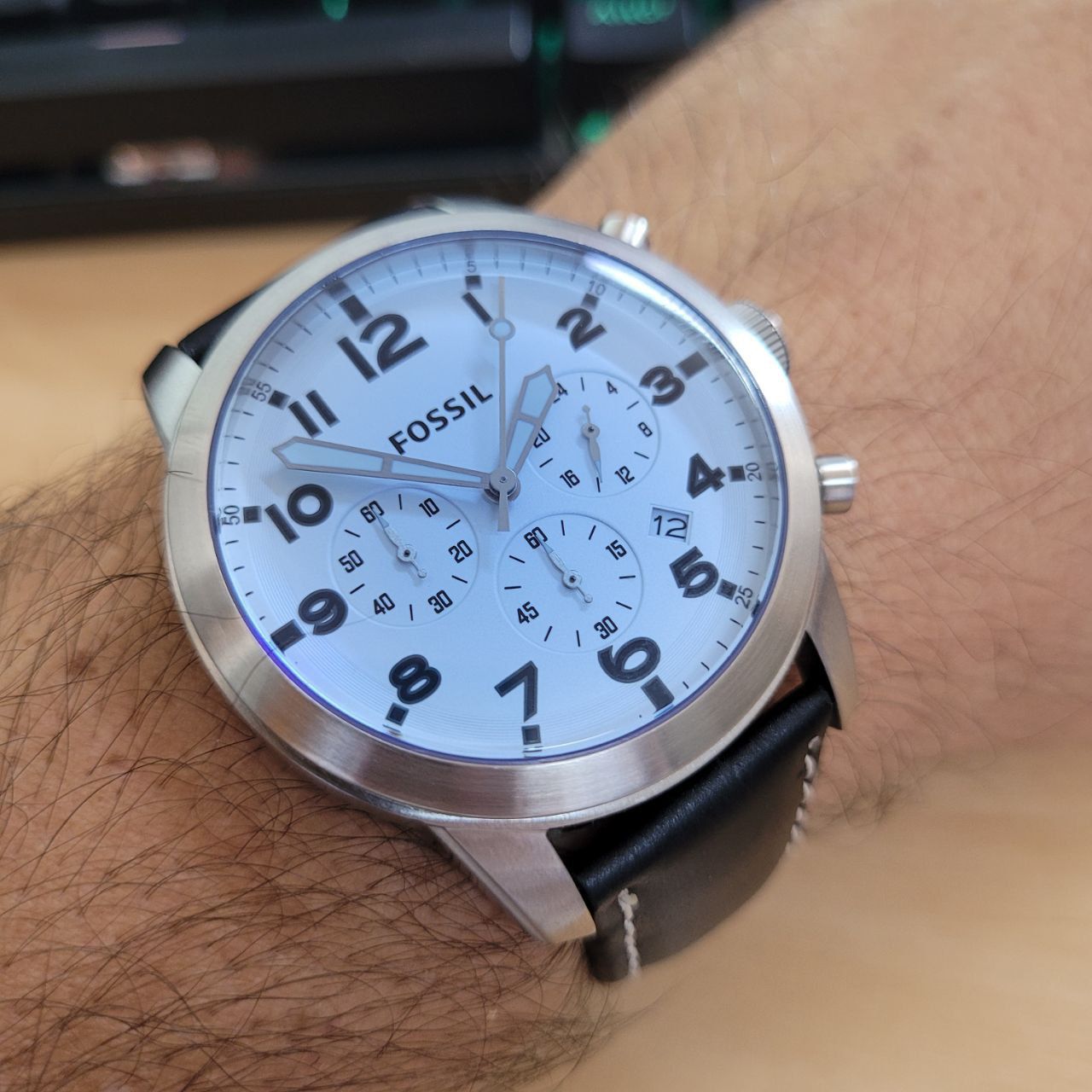 Fossil Pilot Chronograph Sky Blue Dial Black Leather Strap Watch for Men - FS5162