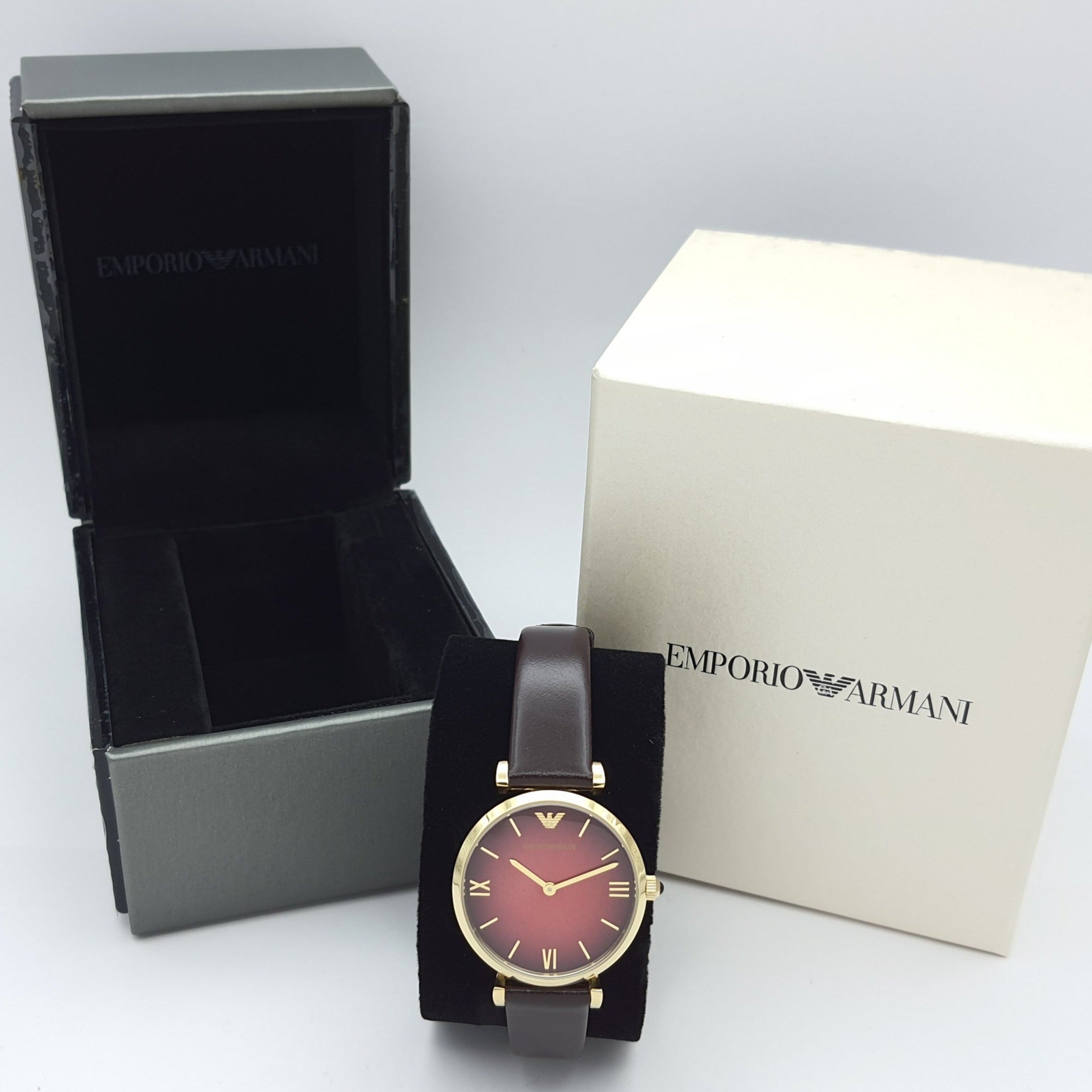 Emporio Armani Gianni T Bar Burgundy Dial Burgundy Leather Strap Watch For Women - AR1757