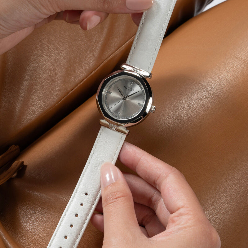 Guess Rumour Silver Dial White Leather Strap Watch For Women - GW0689L1