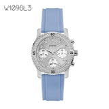 Guess Confetti Crystal Silver Dial Blue Rubber Strap Watch For Women - W1098L3