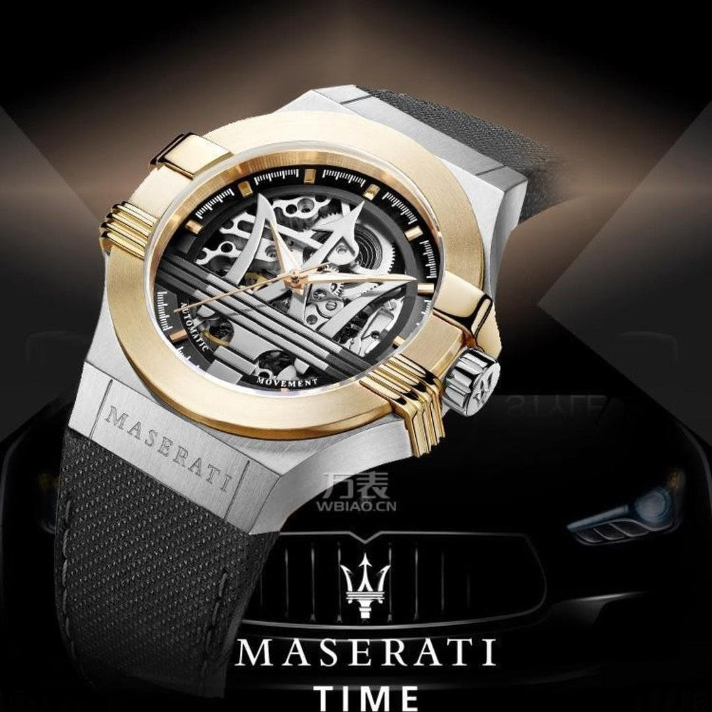 Maserati Potenza Automatic Skeleton Dial Black Leather Strap Watch For Men - R8821108011