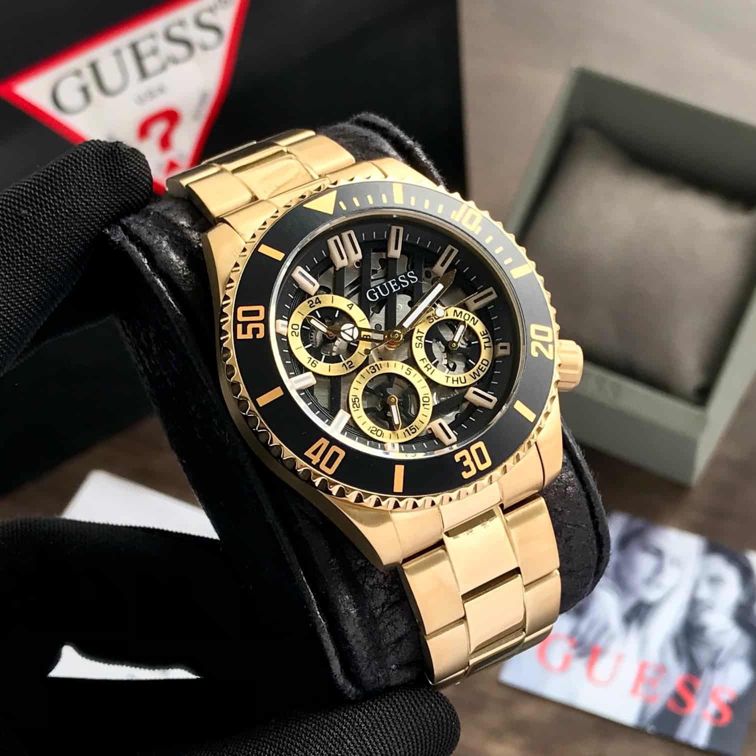 Guess Axle Multifunction Black Dial Gold Steel Strap Watch For Men - GW0488G2