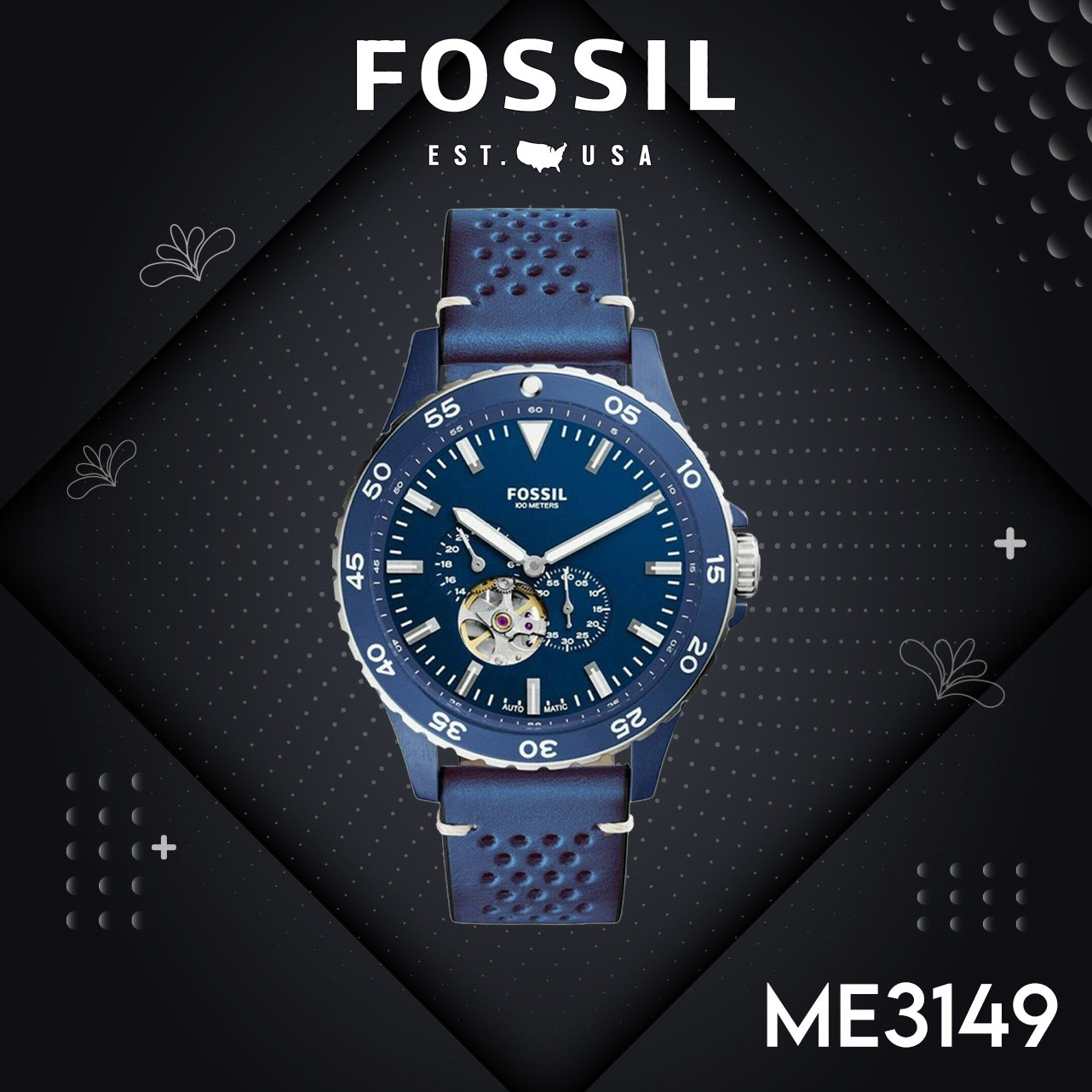 Fossil Crewmaster Sports Automatic Blue Dial Blue Leather Strap Watch for Men - ME3149