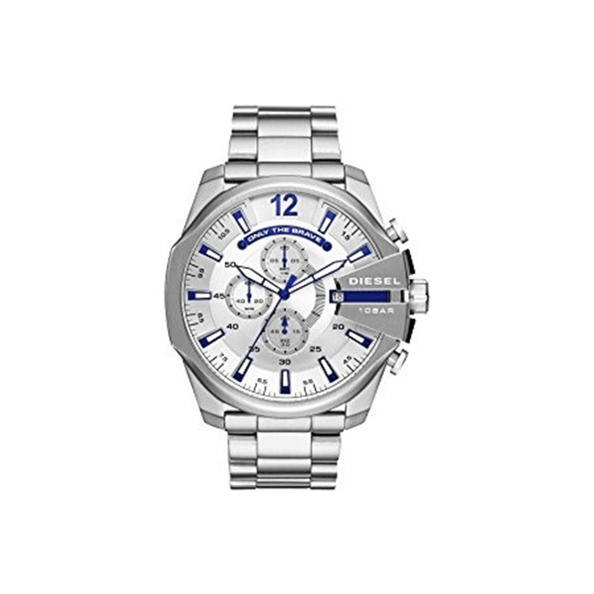 Diesel Mega Chief Chronograph White Dial Silver Steel Strap Watch For Men - DZ4477