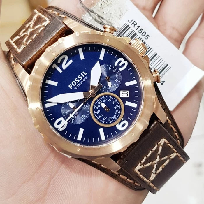 Fossil Nate Chronograph Blue Dial Brown Leather Strap Watch for Men - JR1505