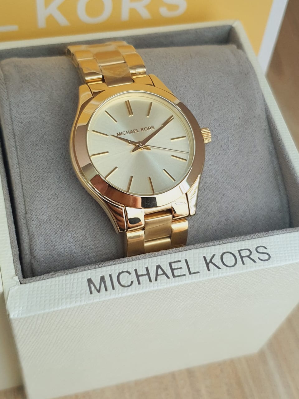 Michael Kors Mini Runway Slim Gold Dial Gold Steel Strap Watch for Women - MK3512