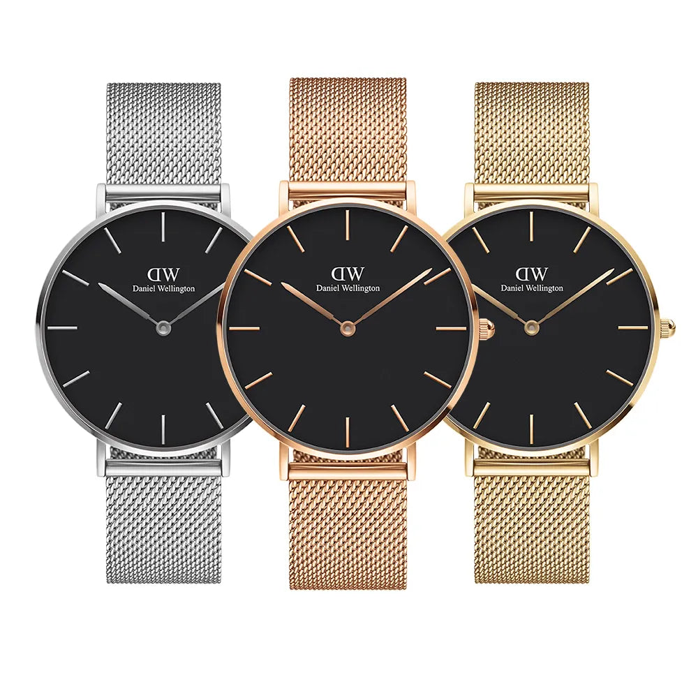 Daniel Wellington Petite Melrose Black Dial Rose Gold Mesh Strap Watch For Women - DW00100303