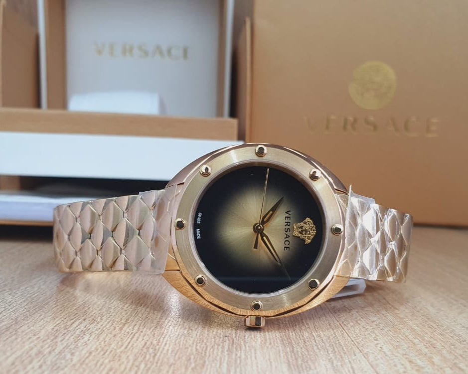 Versace Shadov Quartz Gold Dial Gold Steel Strap Watch for Women - VEBM00618