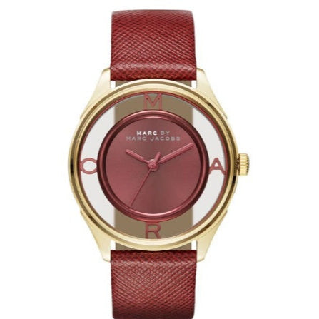 Marc Jacobs Tether Transparent Red Dial Red Leather Strap Watch for Women - MBM1377