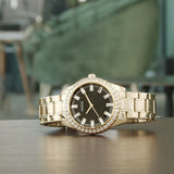 Guess Sparkler Diamonds Black Dial Gold Steel Strap Watch for Women - GW0111L2