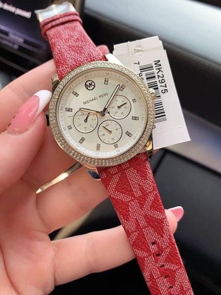 Michael Kors Tibby Multifunction Silver Dial Red Leather Strap Watch For Women - MK2975