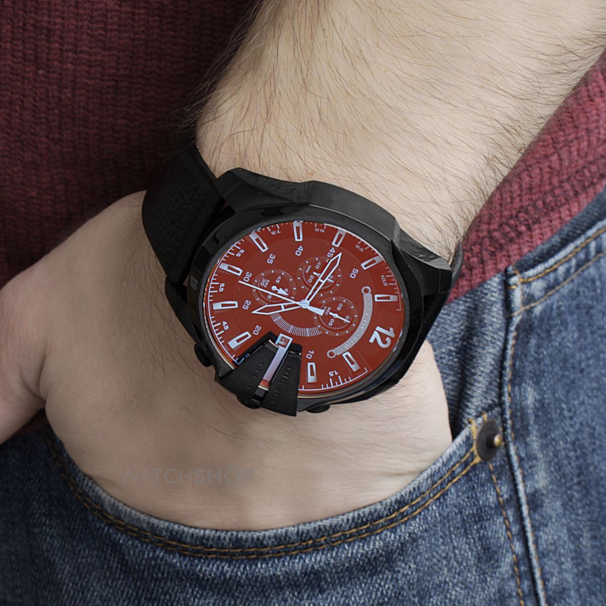 Diesel Mega Chief Chronograph Black Dial Black Leather Strap Watch For Men - DZ4323