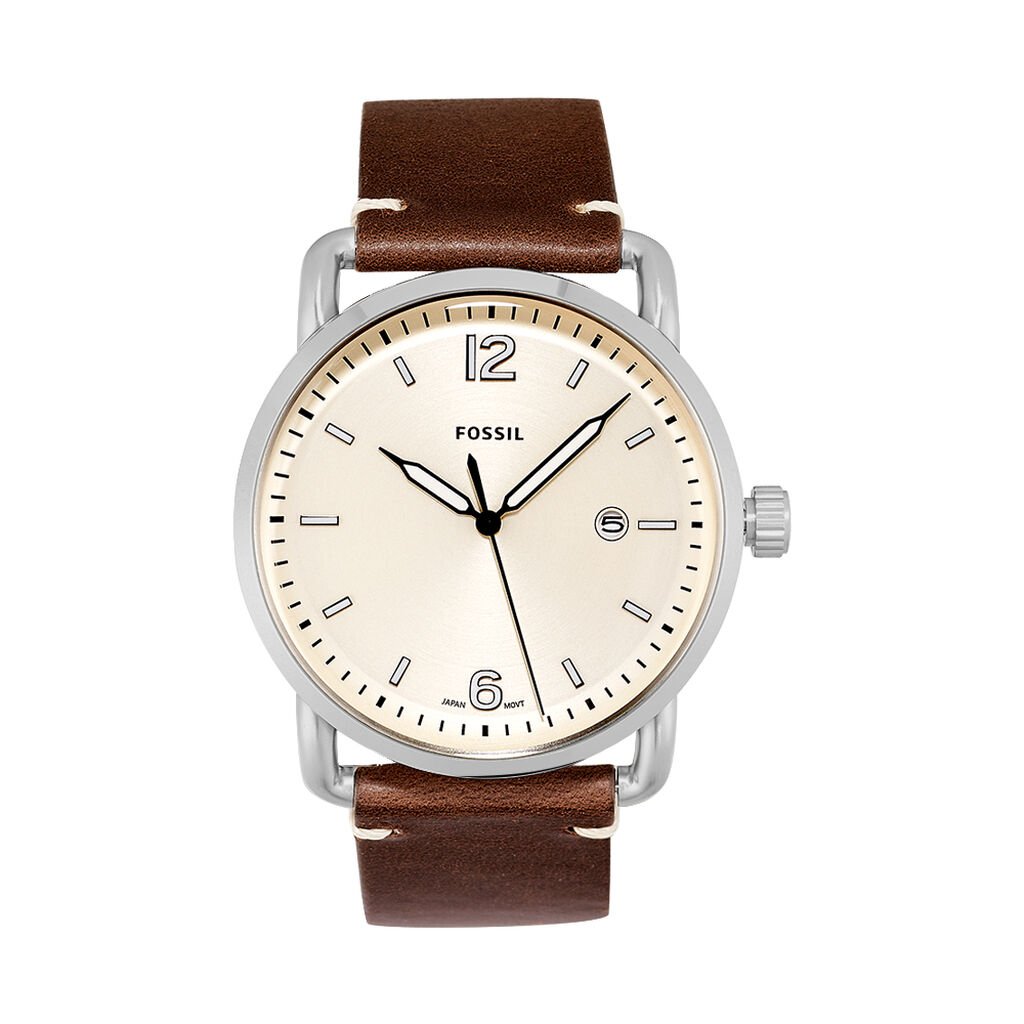 Fossil The Commuter White Dial Brown Leather Strap Watch for Men - FS5275