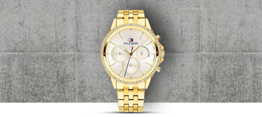 Tommy Hilfiger Ari Multifunction Diamonds Silver Dial Gold Steel Strap Watch for Women - 1781977