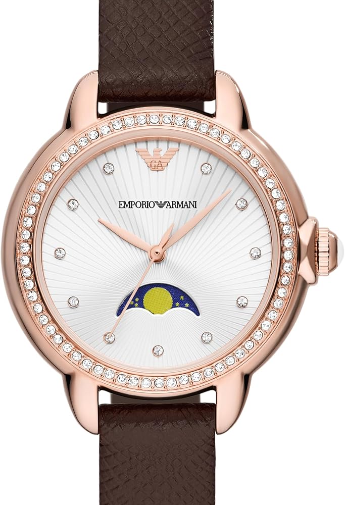 Emporio Armani Mia Moonphase Silver Dial Brown Leather Strap Watch For Women - AR11568