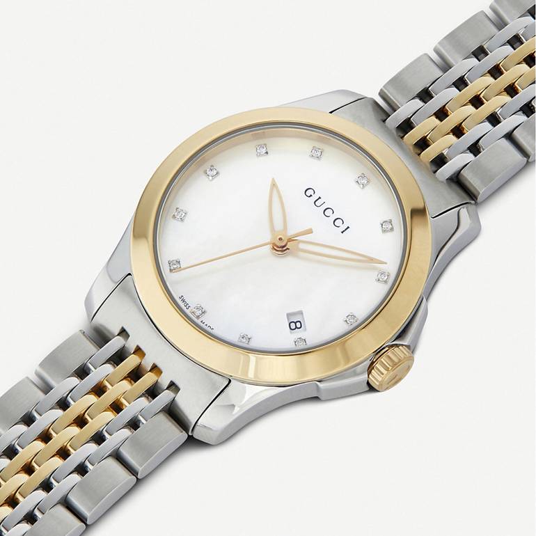 Gucci G Timeless Diamonds Mother of Pearl Dial Two Tone Steel Strap Watch For Women - YA126413