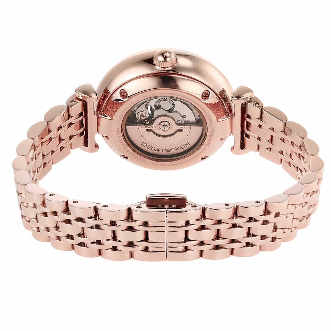Emporio Armani Meccanico Crystals Black Dial Rose Gold Steel Strap Watch For Women - AR60043