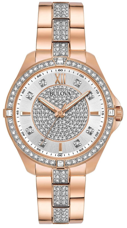 Bulova Crystal Collection Silver Dial Rose Gold Steel Strap Watch for Women - 98L229