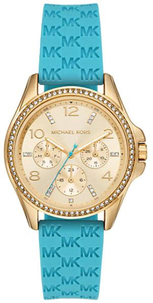 Michael Kors Mini Pilot Quartz Gold Dial Blue Silicone Strap Watch For Women - MK7374