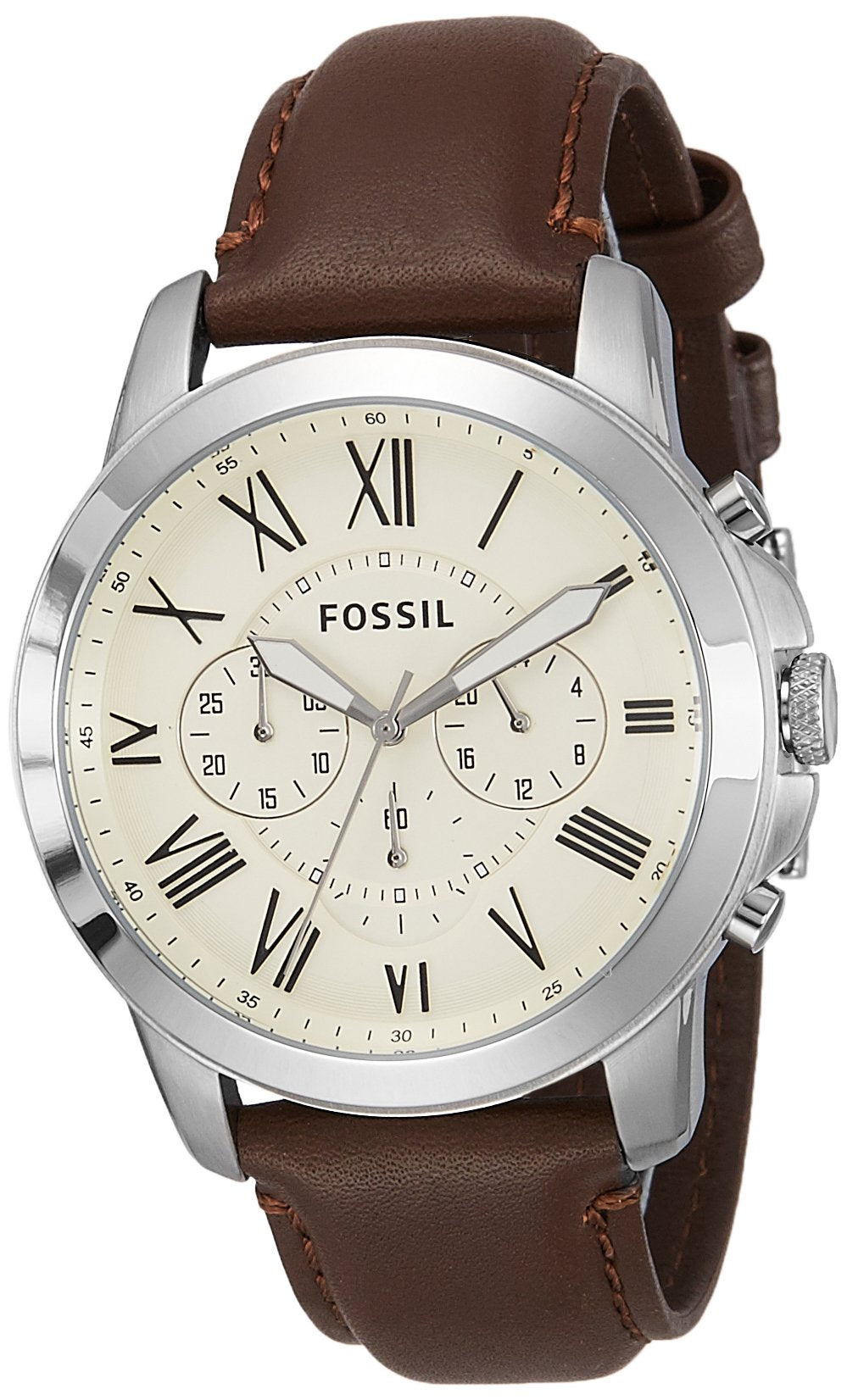 Fossil Grant Chronograph White Dial Brown Leather Strap Watch for Men - FS4735