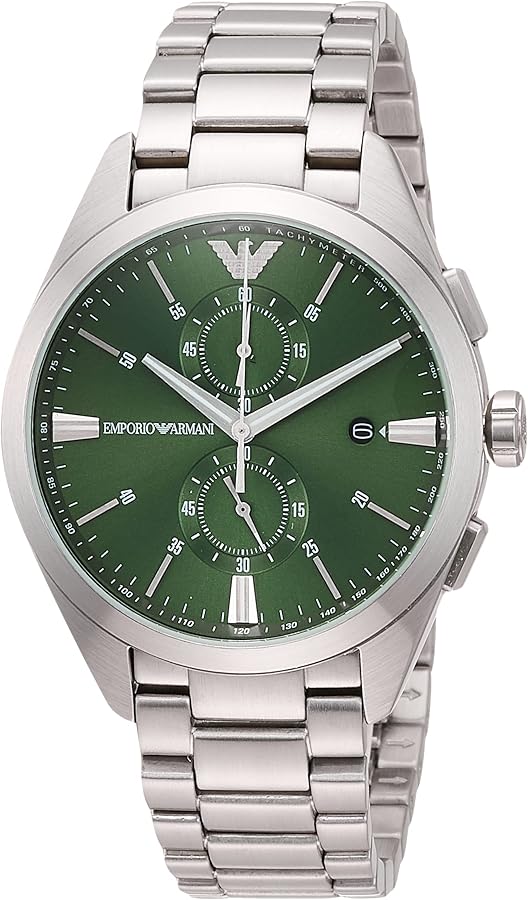 Emporio Armani Chronograph Green Dial Silver Steel Strap Watch For Men - AR11480
