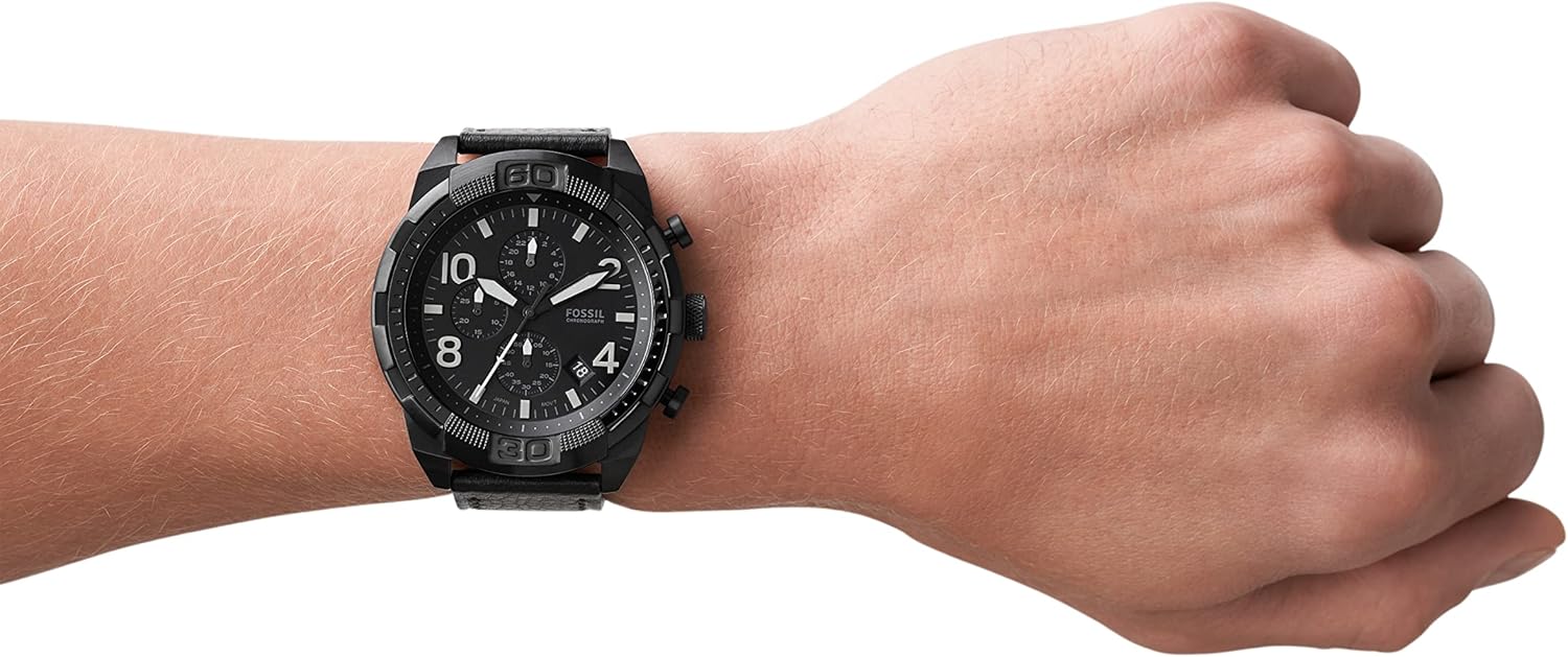 Fossil Bronson Chronograph Black Dial Black Leather Strap Watch for Men - FS5874