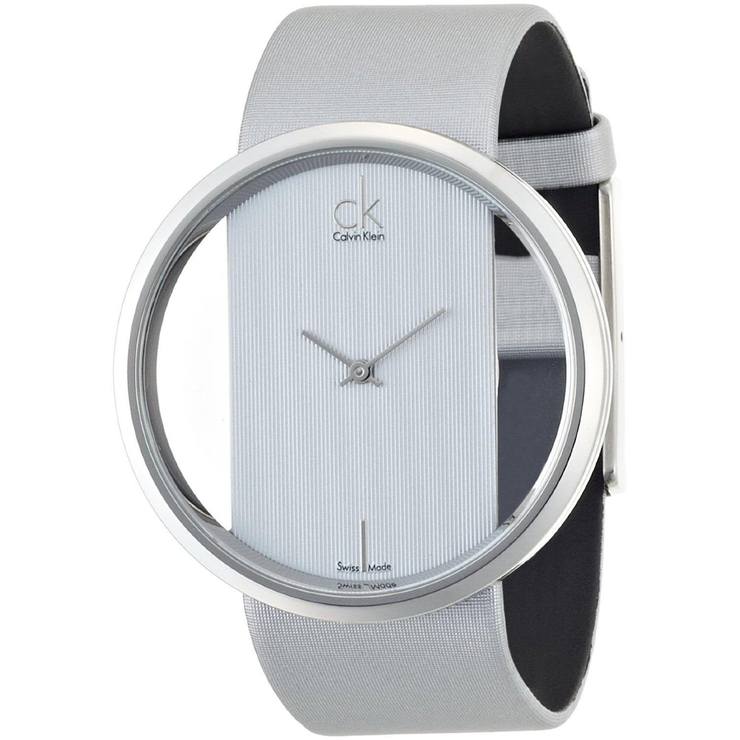 Calvin Klein Glam Transparent Silver Dial Grey Leather Strap Watch for Women - K9423193